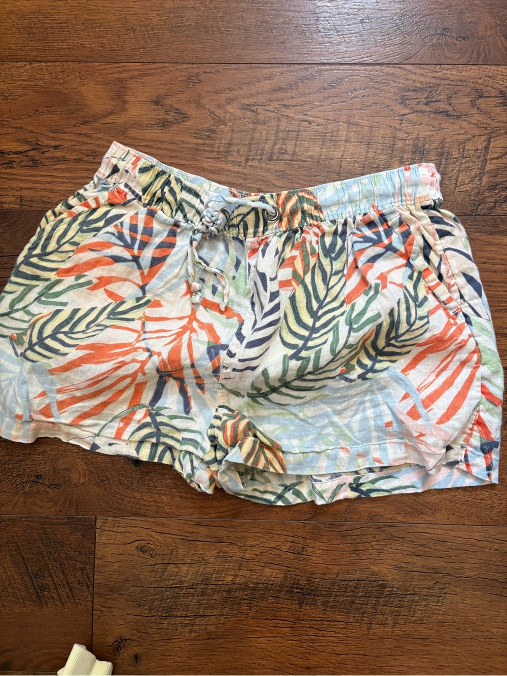 Tahari Tropical Leaf Print Drawstring Shorts - White, Orange, Green, Blue